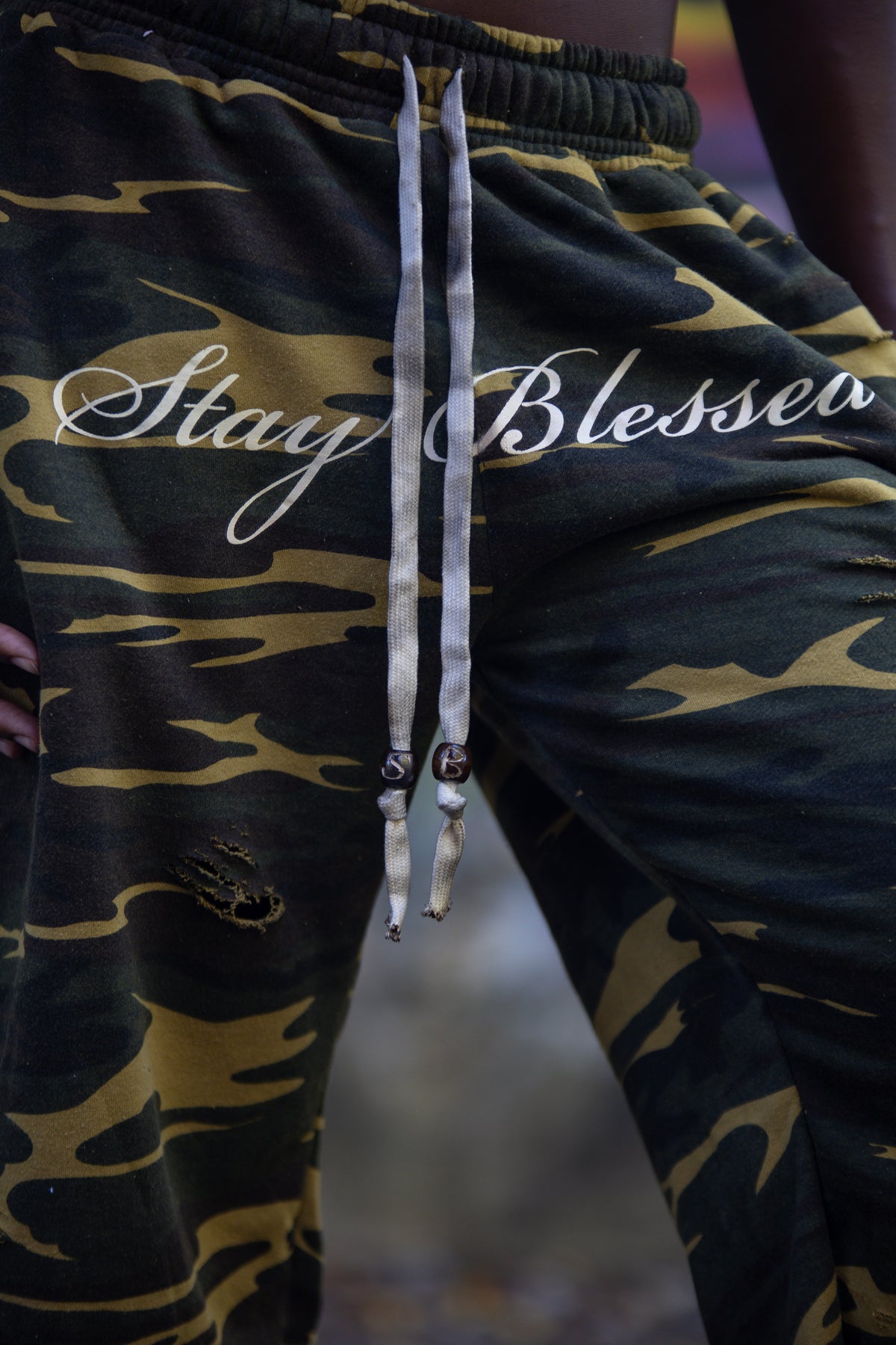 Camo Stay Blessed Distressed 3/4 Shorts