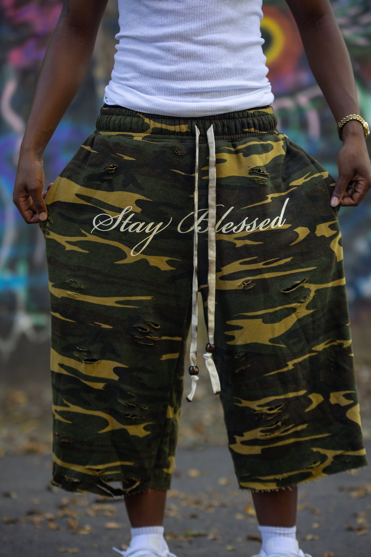 Camo Stay Blessed Distressed 3/4 Shorts