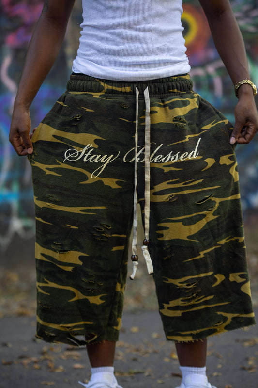 Camo Stay Blessed Distressed 3/4 Shorts